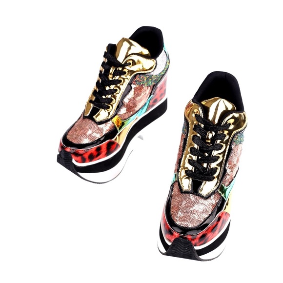 Sequin & Animal Print High Top Platform Sneakers - Picture 3 of 4
